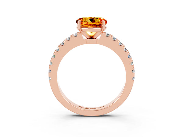 Rose gold Round Cut Solitaire Citrine with Pavé Band and Four-Prong Setting