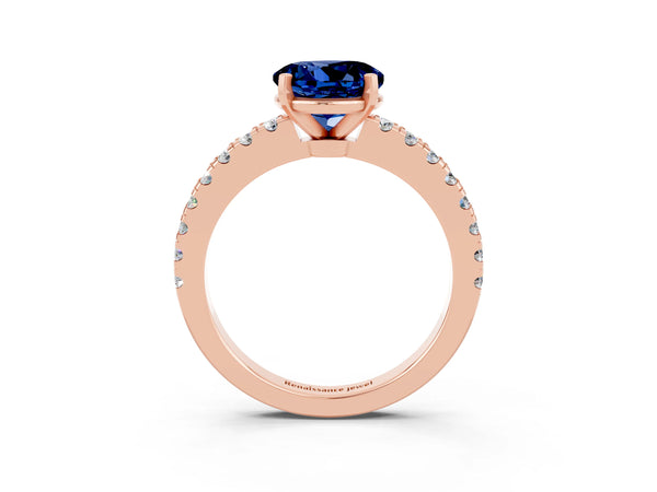 Rose gold Round Cut Solitaire Blue Sapphire with Pavé Band and Four-Prong Setting