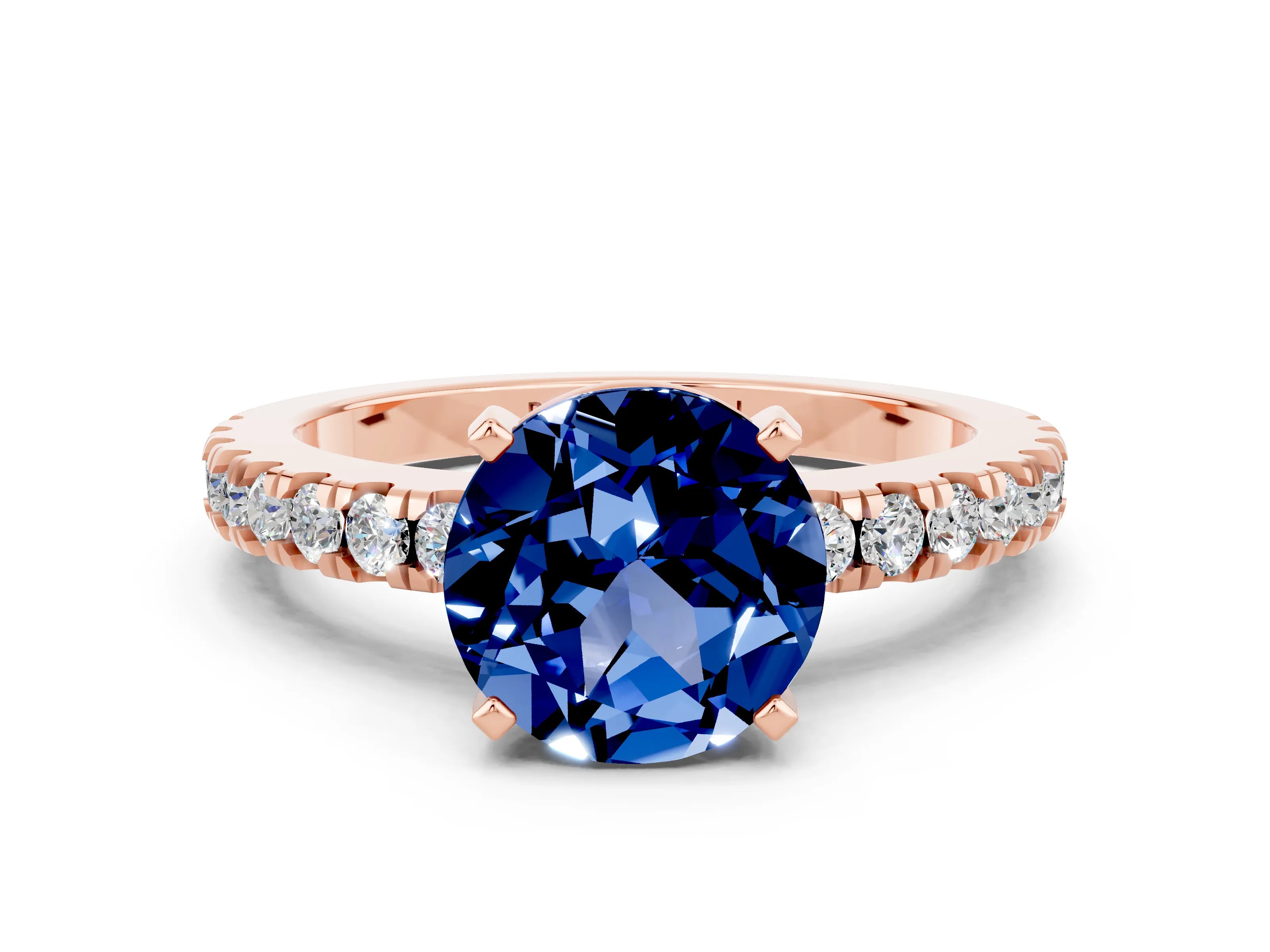 Rose gold Round Cut Solitaire Diamond with Pavé Band and Four-Prong Setting