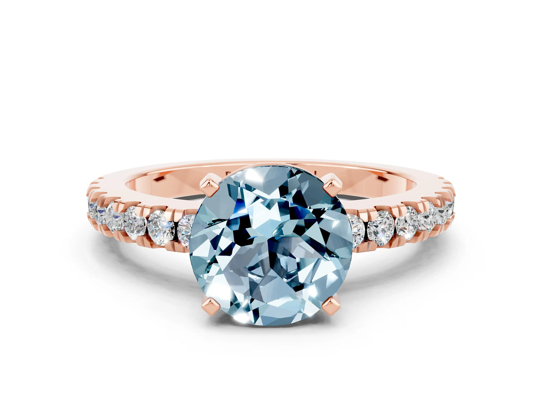 Rose gold Round Cut Solitaire Diamond with Pavé Band and Four-Prong Setting