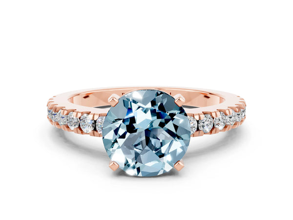 Rose gold Round Cut Solitaire Aquamarine with Pavé Band and Four-Prong Setting