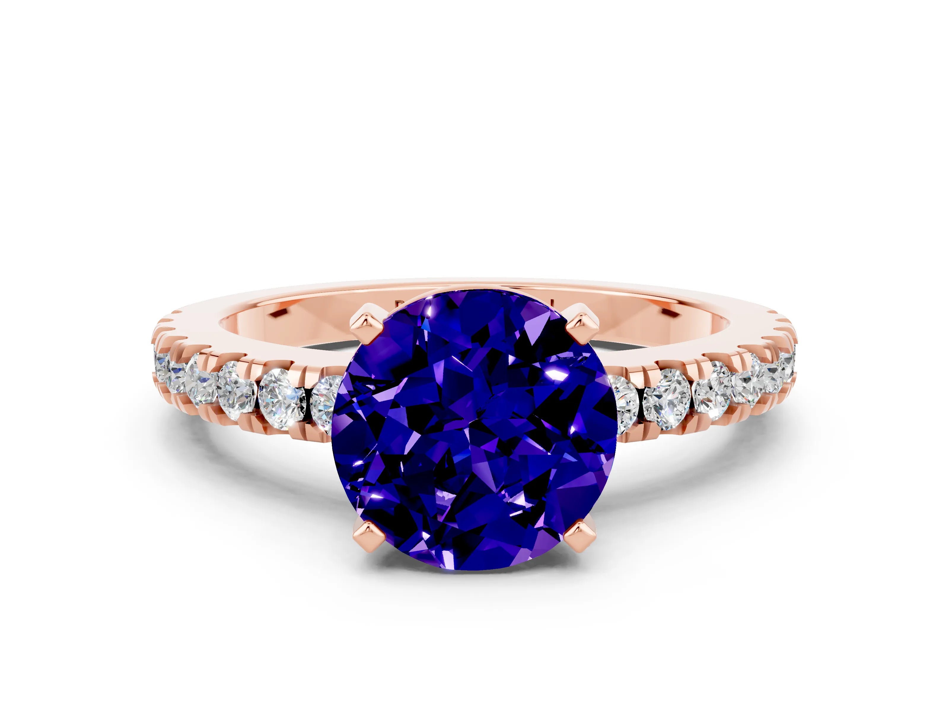 Rose gold Round Cut Solitaire Diamond with Pavé Band and Four-Prong Setting