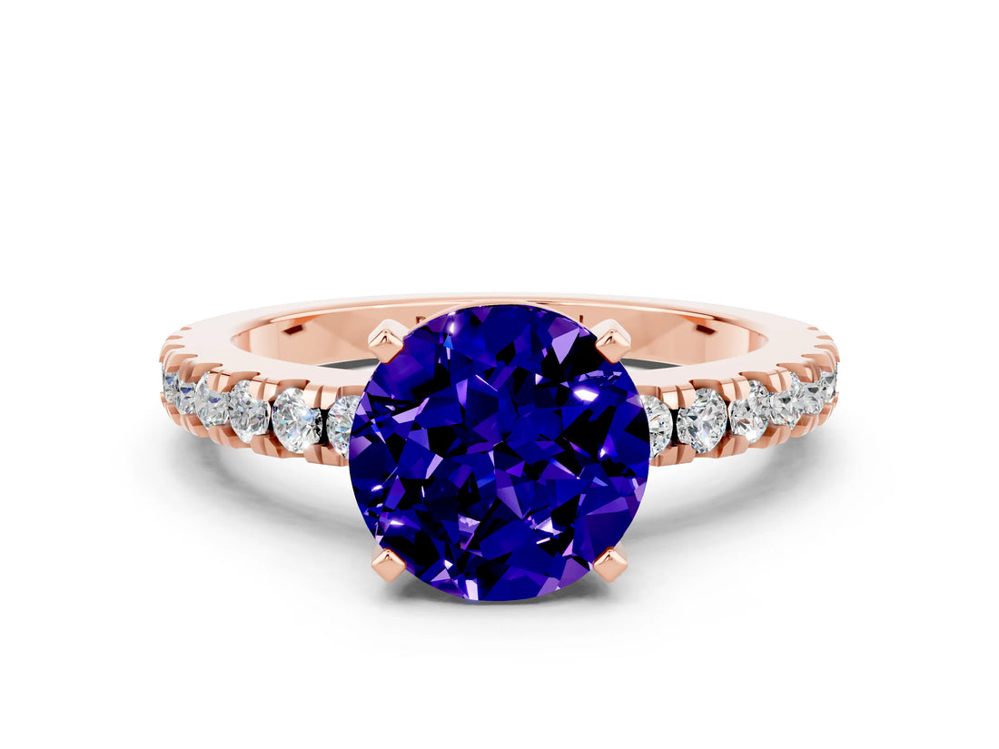 Rose gold Round Cut Solitaire Diamond with Pavé Band and Four-Prong Setting