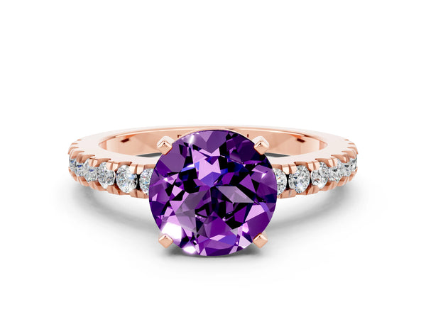 Rose gold Round Cut Solitaire Amethyst with Pavé Band and Four-Prong Setting