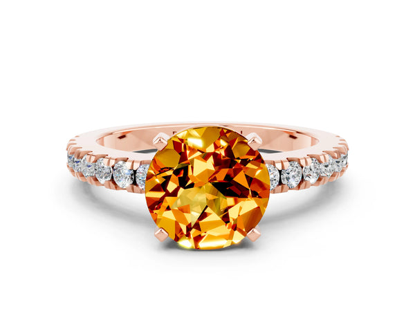 Rose gold Round Cut Solitaire Citrine with Pavé Band and Four-Prong Setting