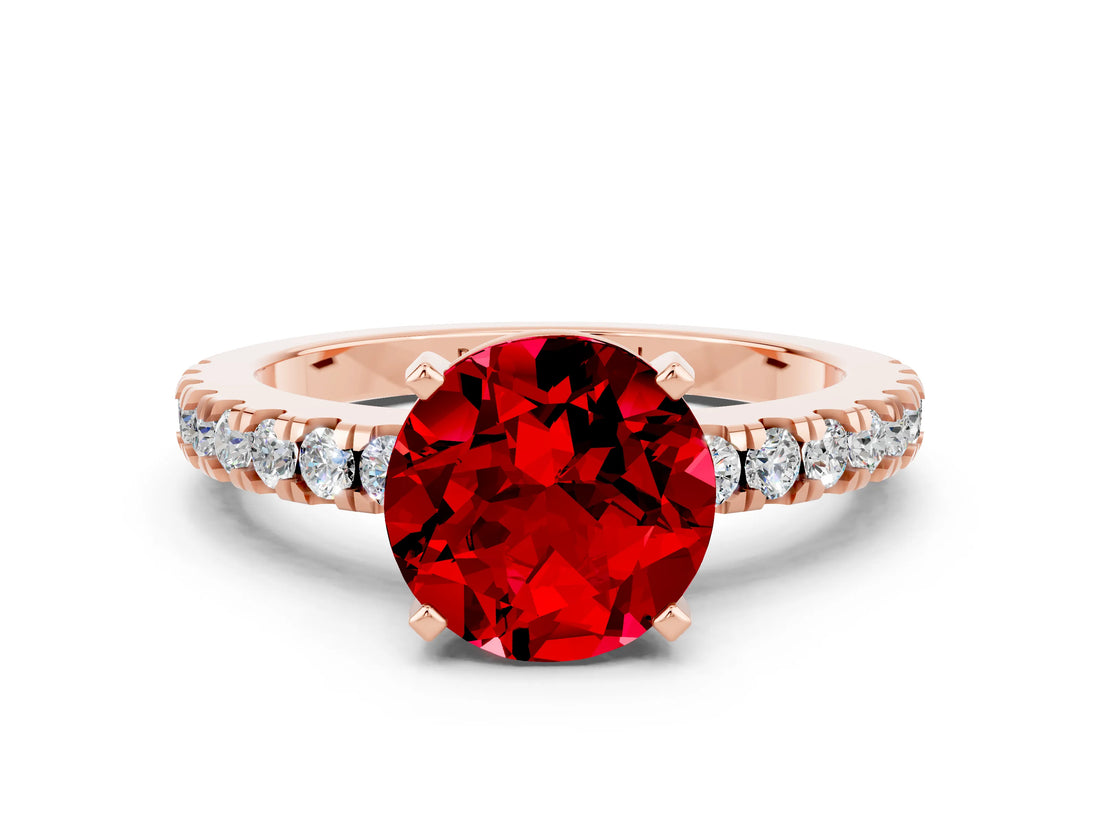 Rose gold Round Cut Solitaire Diamond with Pavé Band and Four-Prong Setting