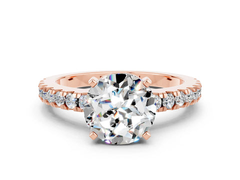 Rose gold Round Cut Solitaire Diamond with Pavé Band and Four-Prong Setting