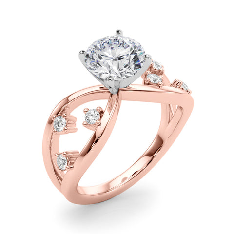 Rose gold Round Cut Solitaire Diamond with Side Stones on Criss-Cross Band and Four-Prong Setting 1
