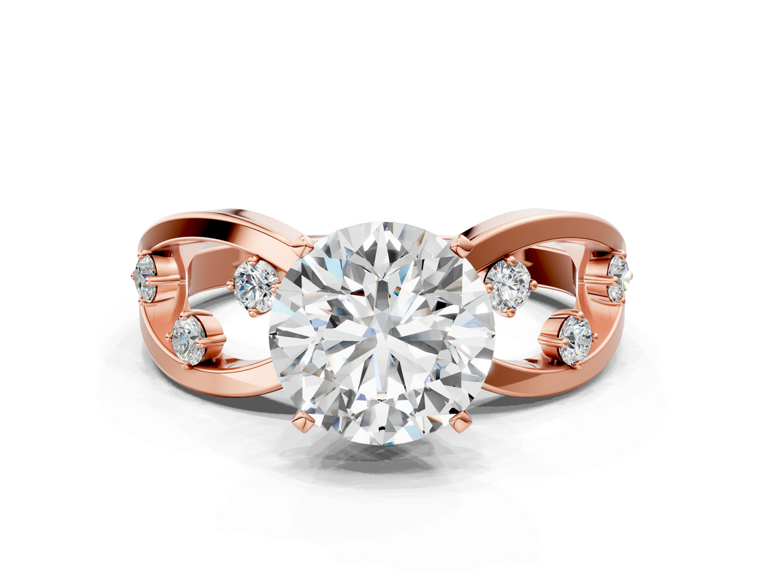 Rose gold Round Cut Solitaire Diamond with Side Stones on Criss-Cross Band and Four-Prong Setting_25
