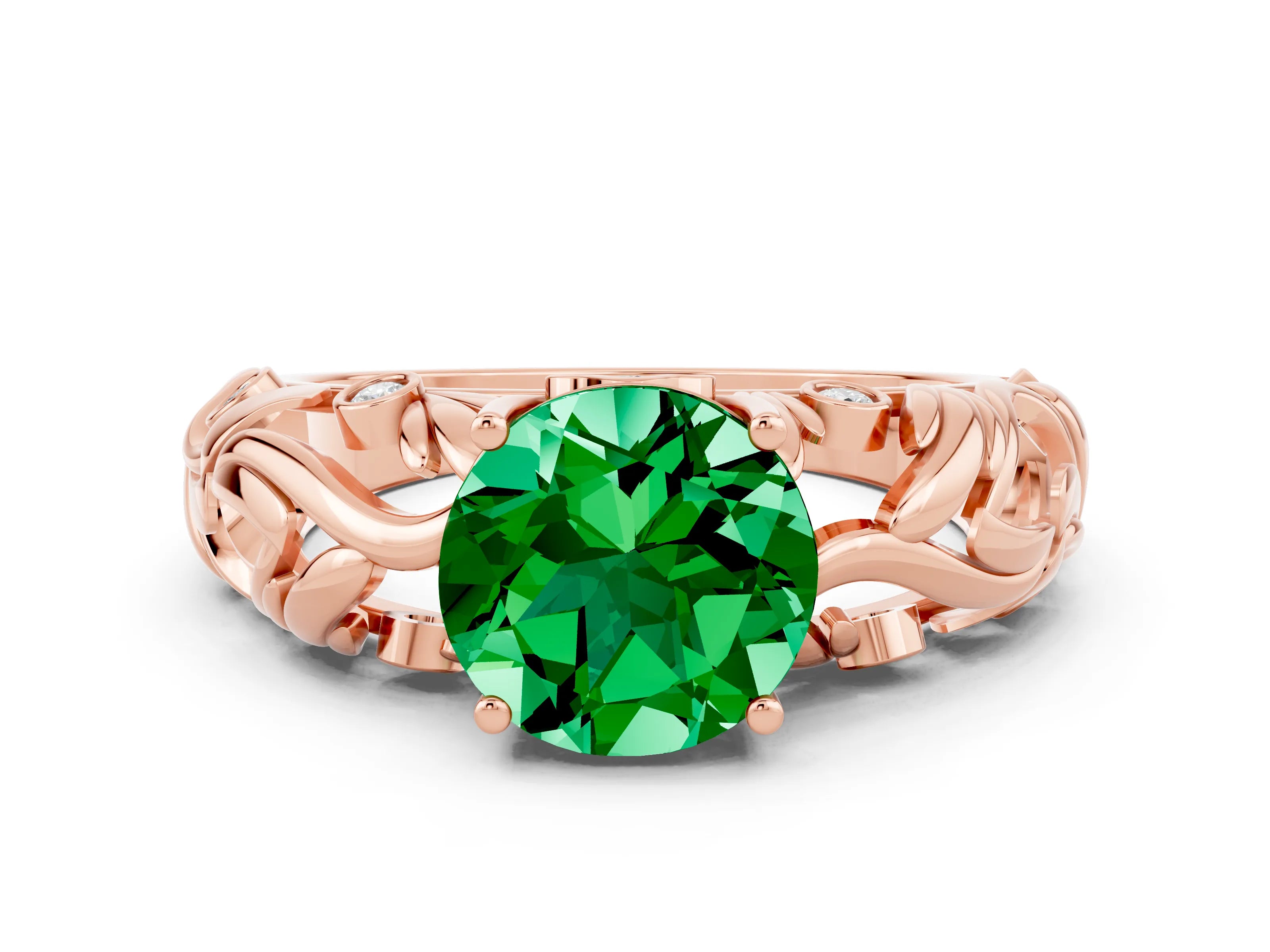Rose gold Round Cut Solitaire Emerald Leaf-Inspired Vine Band Ring with Prong Setting