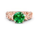 Rose gold Round Cut Solitaire Emerald Leaf-Inspired Vine Band Ring with Prong Setting