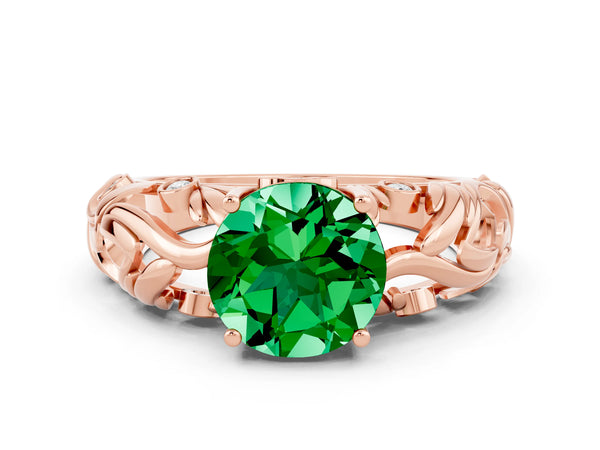 Rose gold Round Cut Solitaire Emerald Leaf-Inspired Vine Band Ring with Prong Setting