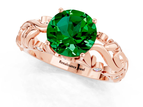 Rose gold Round Cut Solitaire Emerald Leaf-Inspired Vine Band Ring with Prong Setting
