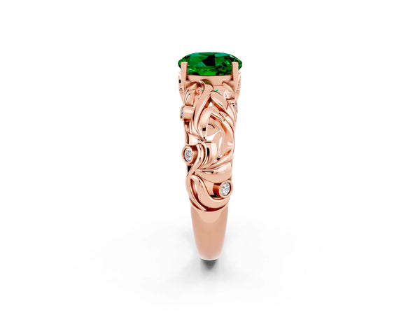 Rose gold Round Cut Solitaire Emerald Leaf-Inspired Vine Band Ring with Prong Setting