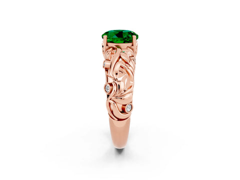 Rose gold Round Cut Solitaire Emerald Leaf-Inspired Vine Band Ring with Prong Setting_2