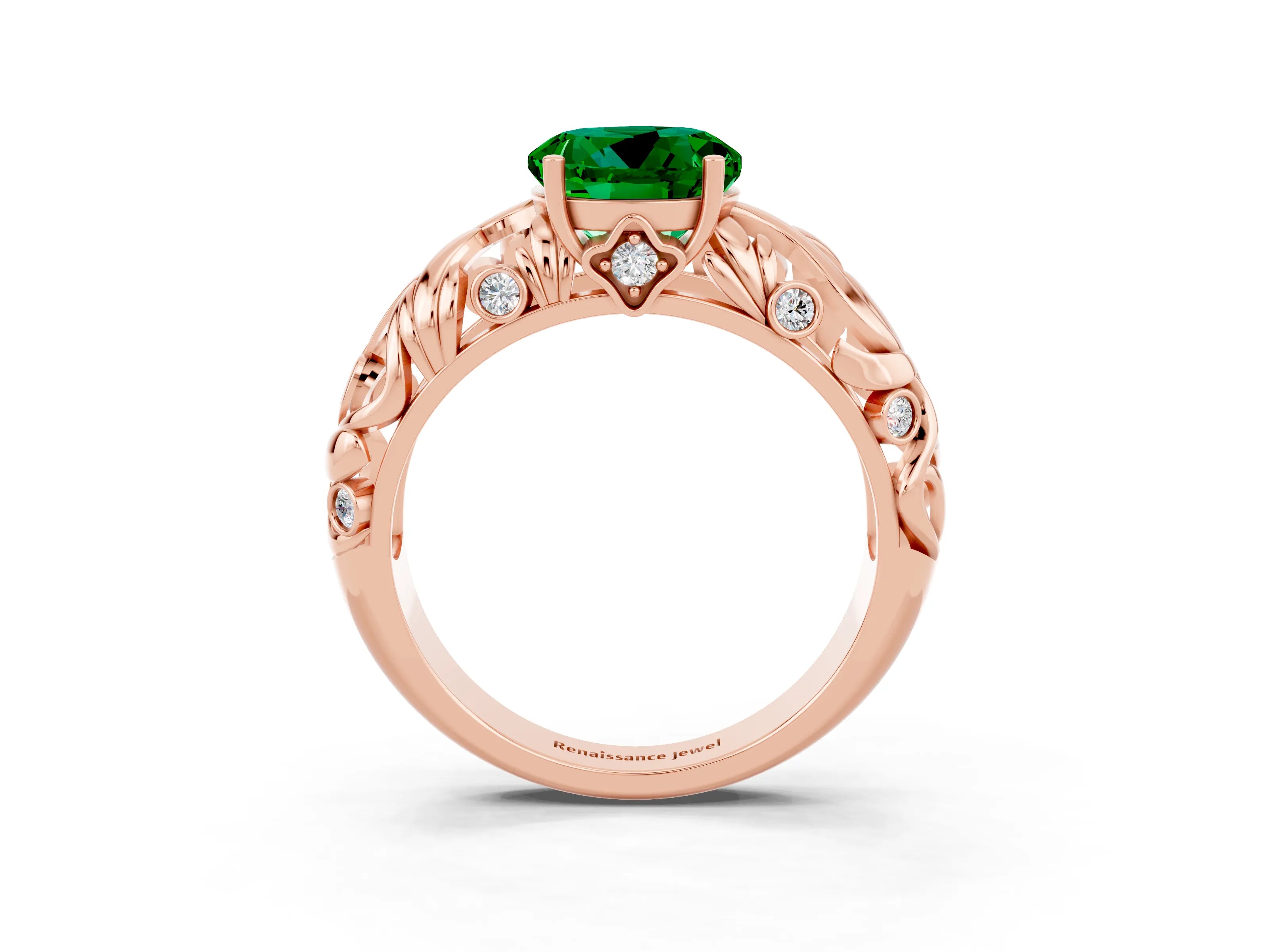 Rose gold Round Cut Solitaire Emerald Leaf-Inspired Vine Band Ring with Prong Setting_3