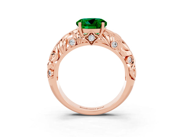 Rose gold Round Cut Solitaire Emerald Leaf-Inspired Vine Band Ring with Prong Setting
