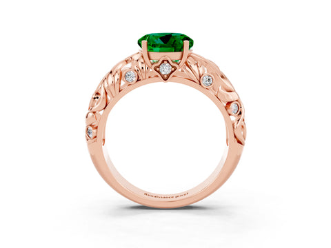 Rose gold Round Cut Solitaire Emerald Leaf-Inspired Vine Band Ring with Prong Setting_3