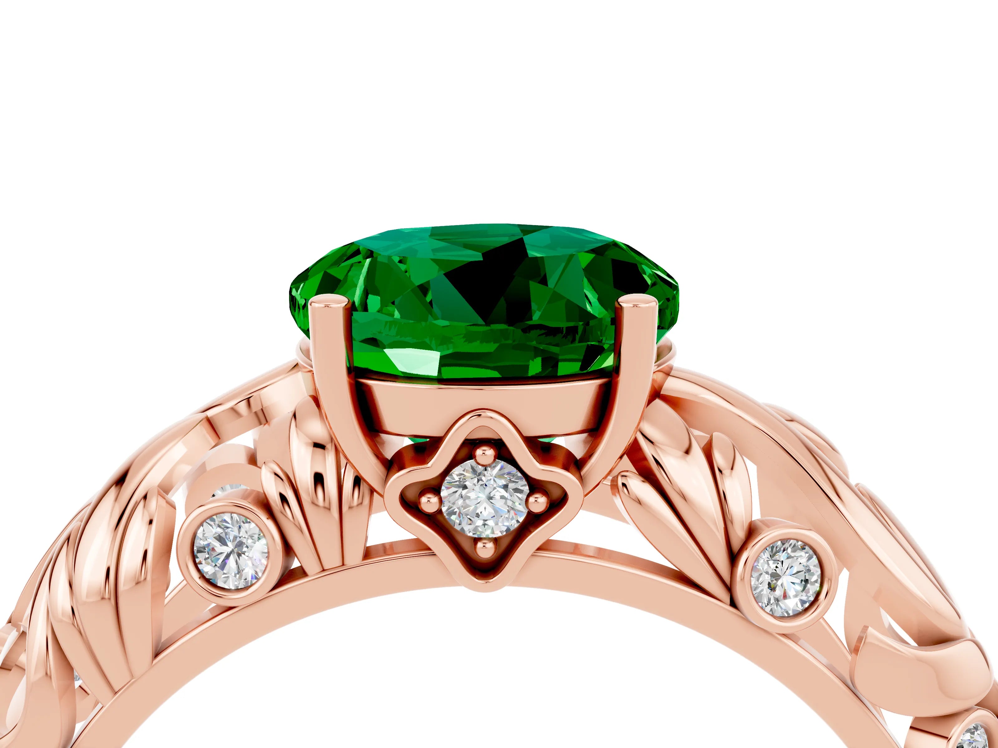 Rose gold Round Cut Solitaire Emerald Leaf-Inspired Vine Band Ring with Prong Setting_4