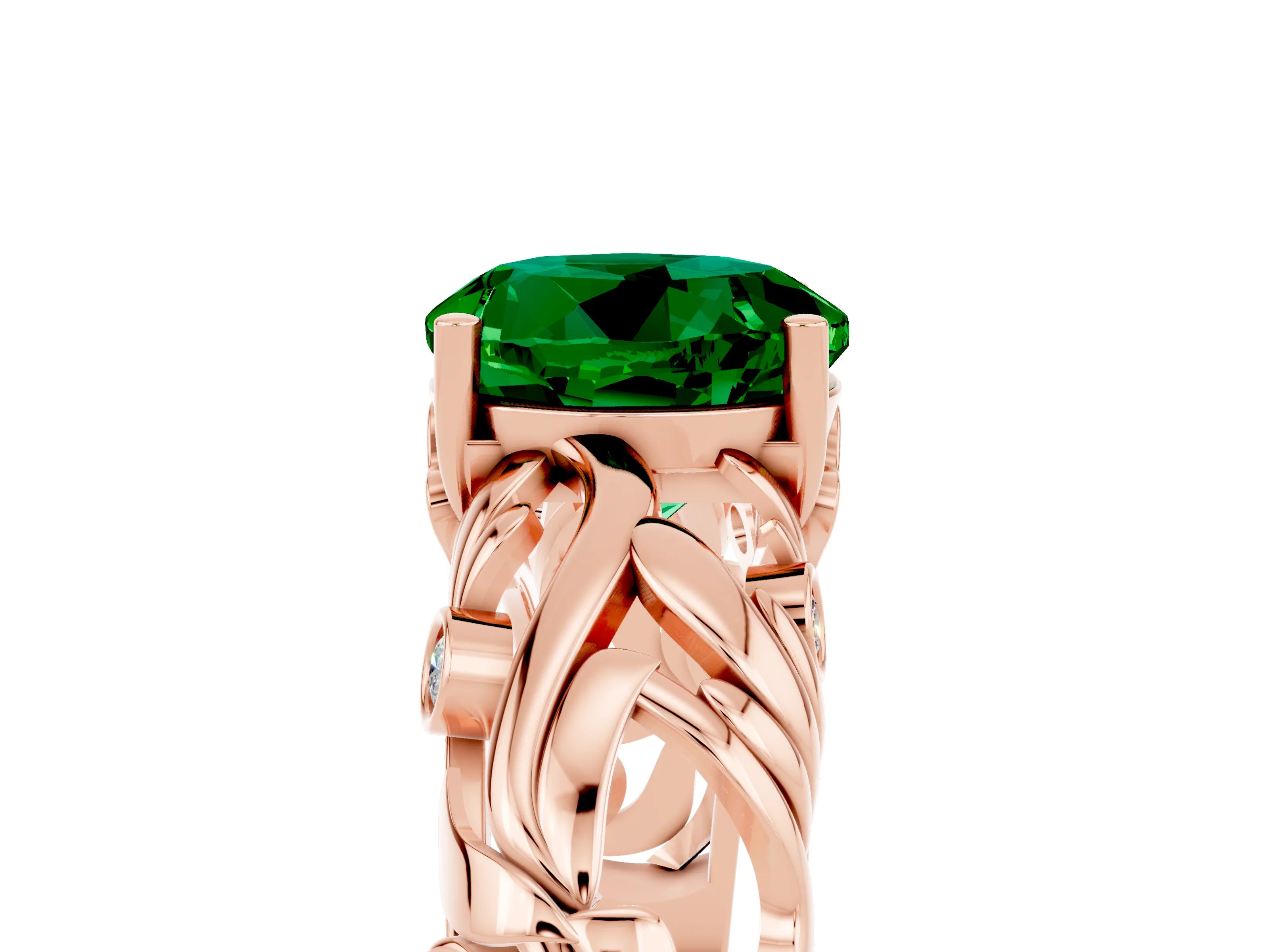 Rose gold Round Cut Solitaire Emerald Leaf-Inspired Vine Band Ring with Prong Setting_5