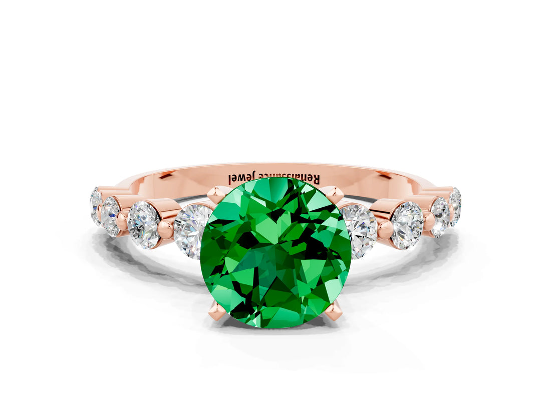 Rose gold Round Cut Solitaire Emerald Ring with Pave Band and Four-Prong Setting