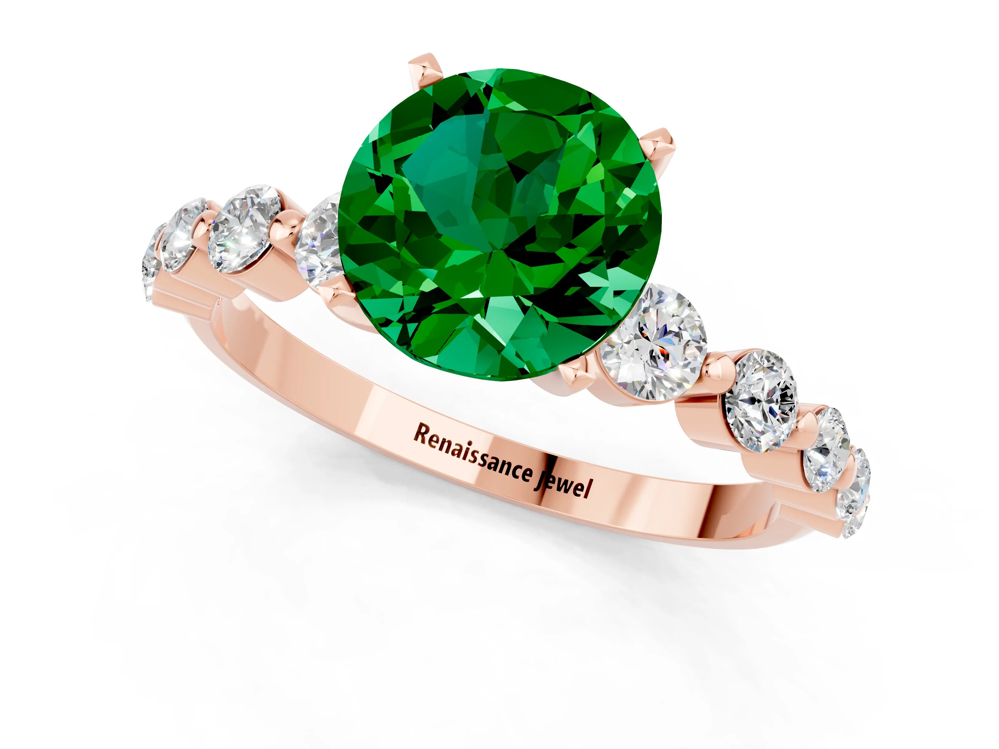Rose gold Round Cut Solitaire Emerald Ring with Pave Band and Four-Prong Setting_1