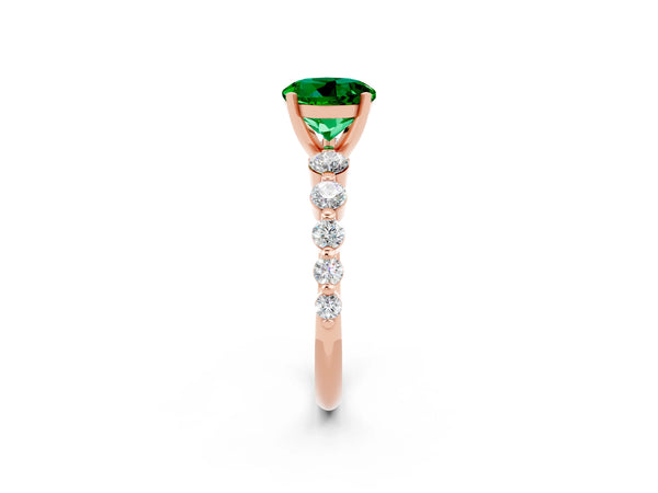 Rose gold Round Cut Solitaire Emerald Ring with Pave Band and Four-Prong Setting