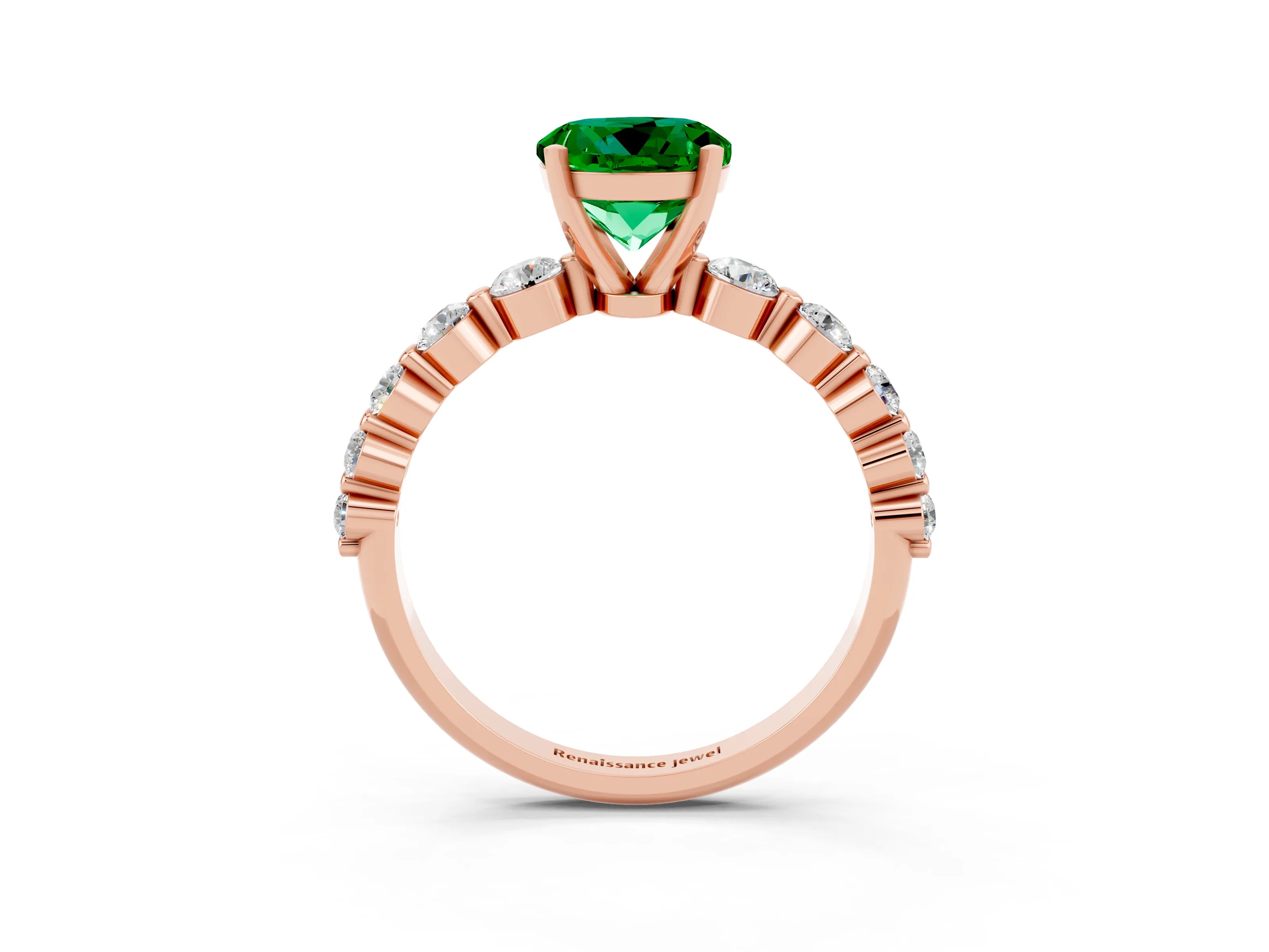 Rose gold Round Cut Solitaire Emerald Ring with Pave Band and Four-Prong Setting_3