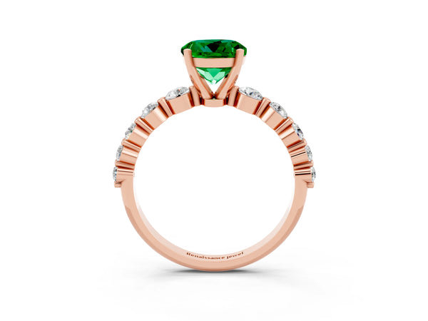 Rose gold Round Cut Solitaire Emerald Ring with Pave Band and Four-Prong Setting