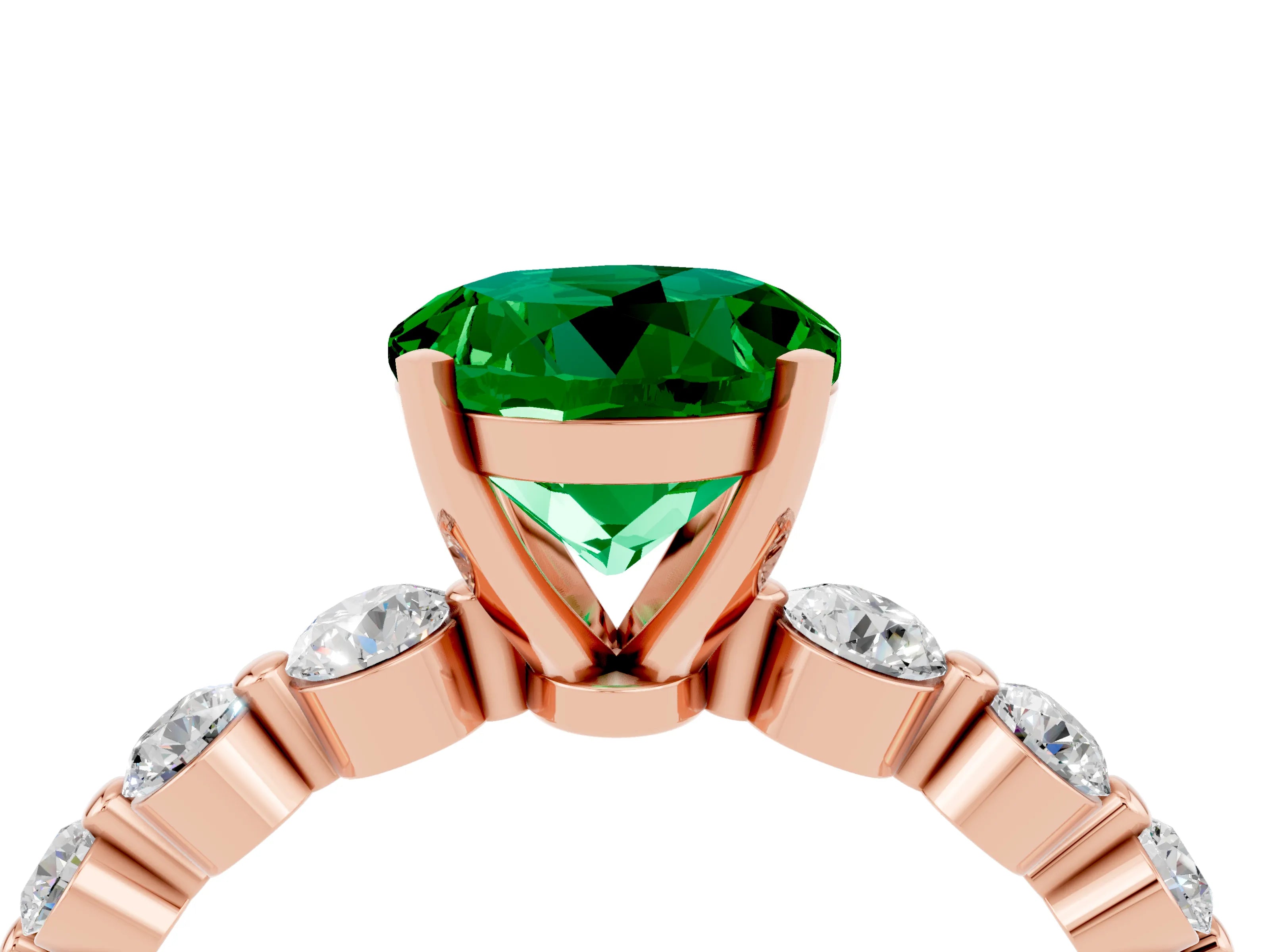 Rose gold Round Cut Solitaire Emerald Ring with Pave Band and Four-Prong Setting_4