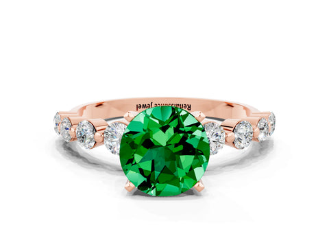 Rose gold Round Cut Solitaire Emerald Ring with Pave Band and Four-Prong Setting
