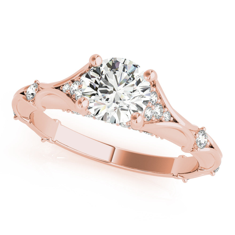 Rose gold Round Cut Solitaire Engagement Ring with Pave Band and Four-Prong Setting