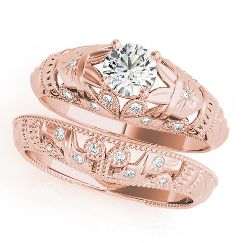 Rose gold Round Cut Solitaire Floral Filigree Engagement Ring with Bezel Prong Setting 1