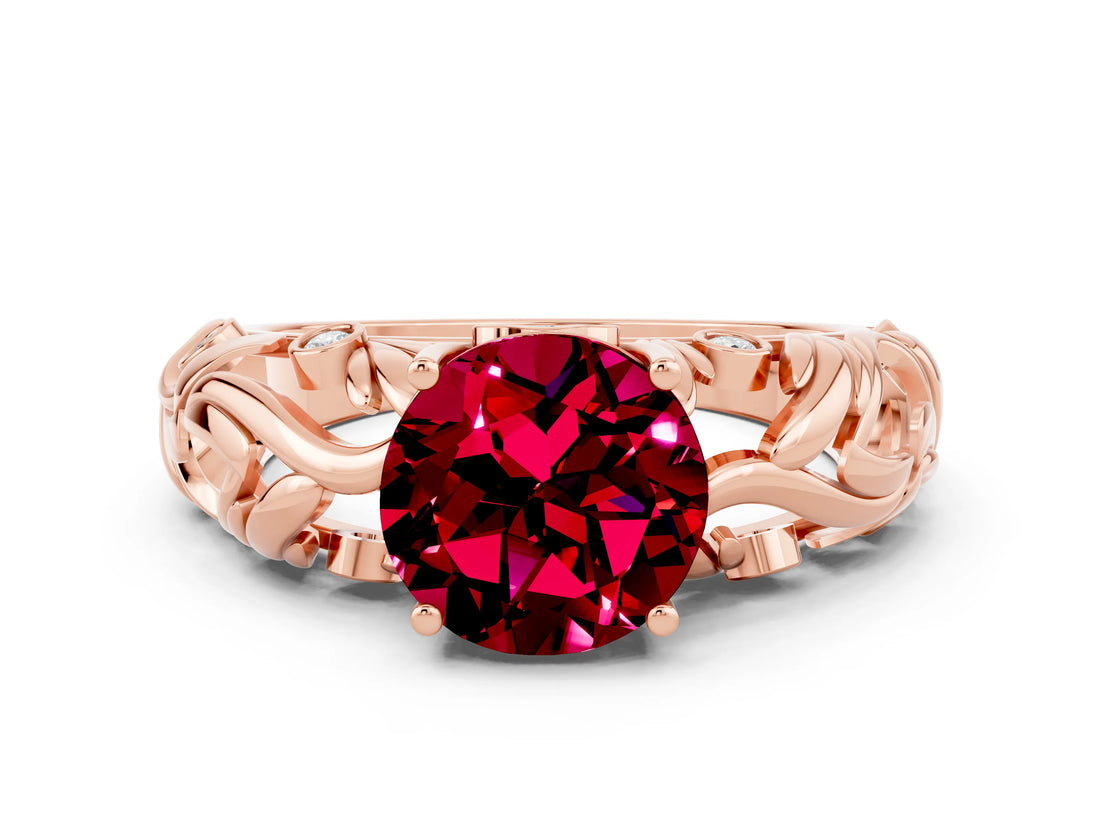 Rose gold Round Cut Solitaire Garnet Leaf-Inspired Vine Band Ring with Prong Setting