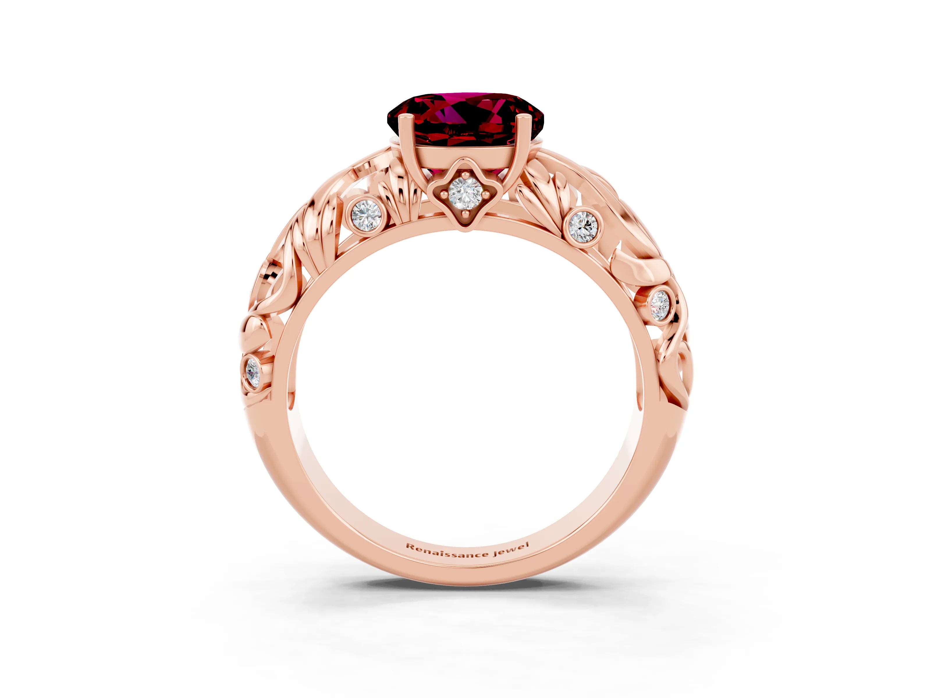 Rose gold Round Cut Solitaire Garnet Leaf-Inspired Vine Band Ring with Prong Setting_3