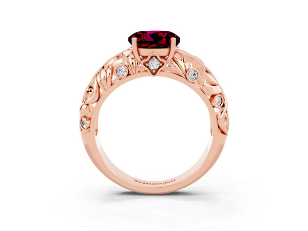 Rose gold Round Cut Solitaire Garnet Leaf-Inspired Vine Band Ring with Prong Setting