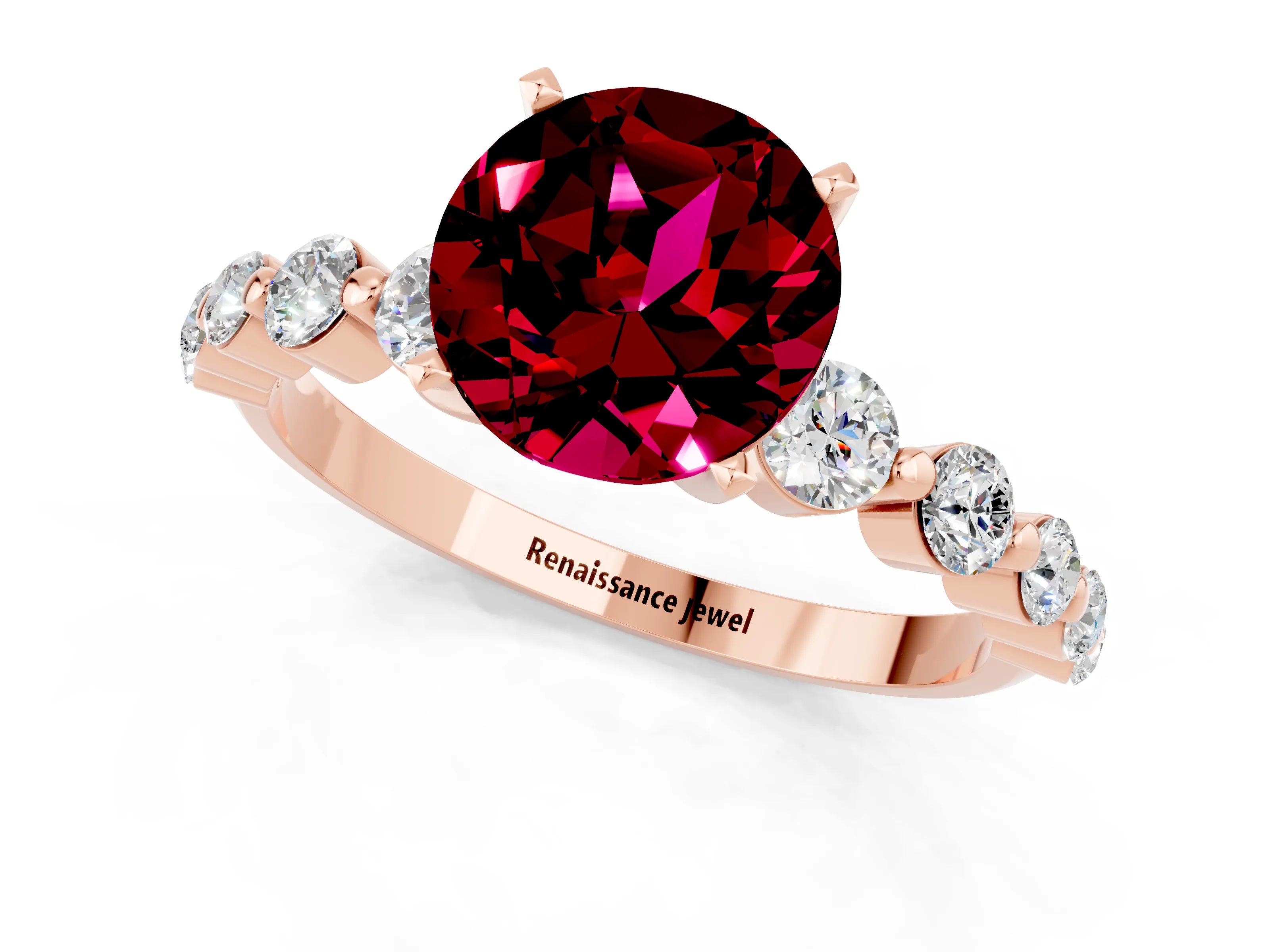 Rose gold Round Cut Solitaire Garnet Ring with Pave Band and Four-Prong Setting_1