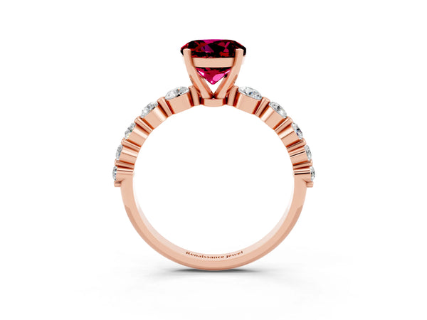 Rose gold Round Cut Solitaire Garnet Ring with Pave Band and Four-Prong Setting