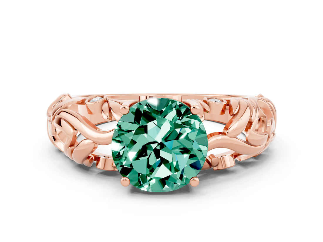 Rose gold Round Cut Solitaire Green Sapphire Leaf-Inspired Vine Band Ring with Prong Setting