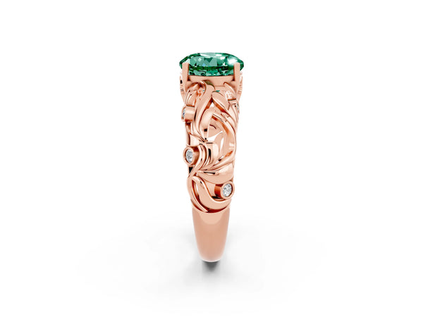 Rose gold Round Cut Solitaire Green Sapphire Leaf-Inspired Vine Band Ring with Prong Setting