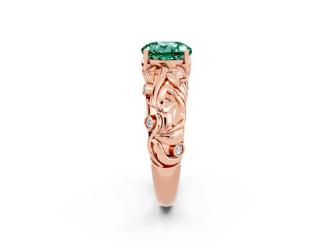 Rose gold Round Cut Solitaire Green Sapphire Leaf-Inspired Vine Band Ring with Prong Setting_2