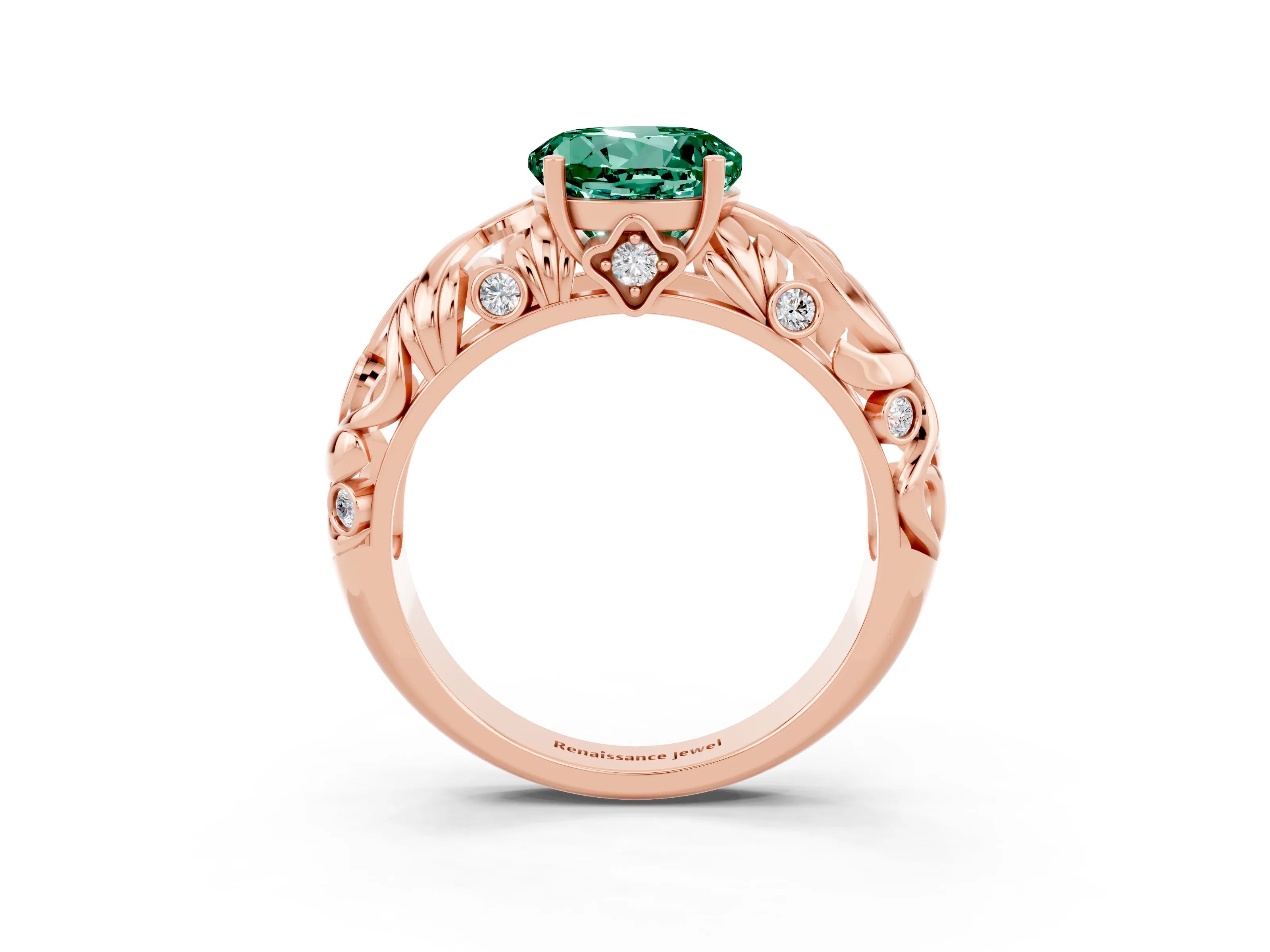 Rose gold Round Cut Solitaire Green Sapphire Leaf-Inspired Vine Band Ring with Prong Setting_3