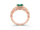 Rose gold Round Cut Solitaire Green Sapphire Leaf-Inspired Vine Band Ring with Prong Setting_3