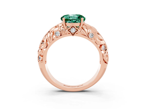 Rose gold Round Cut Solitaire Green Sapphire Leaf-Inspired Vine Band Ring with Prong Setting