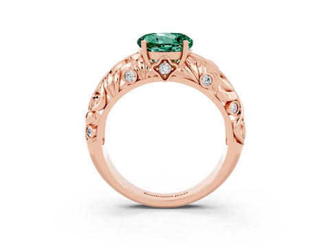 Rose gold Round Cut Solitaire Green Sapphire Leaf-Inspired Vine Band Ring with Prong Setting_3