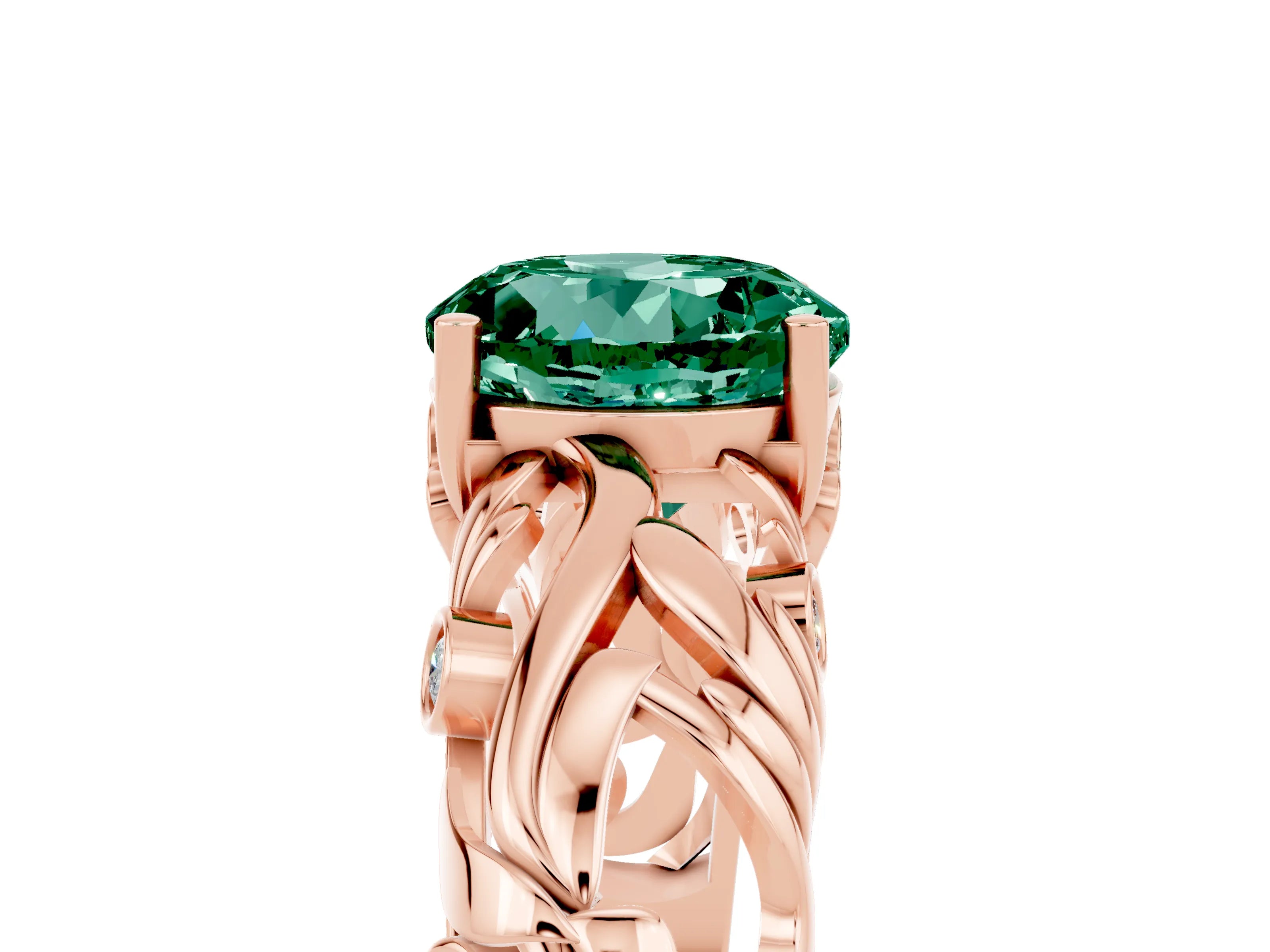 Rose gold Round Cut Solitaire Green Sapphire Leaf-Inspired Vine Band Ring with Prong Setting_5