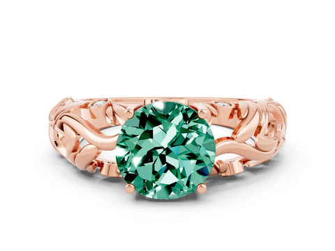 Rose gold Round Cut Solitaire Green Sapphire Leaf-Inspired Vine Band Ring with Prong Setting