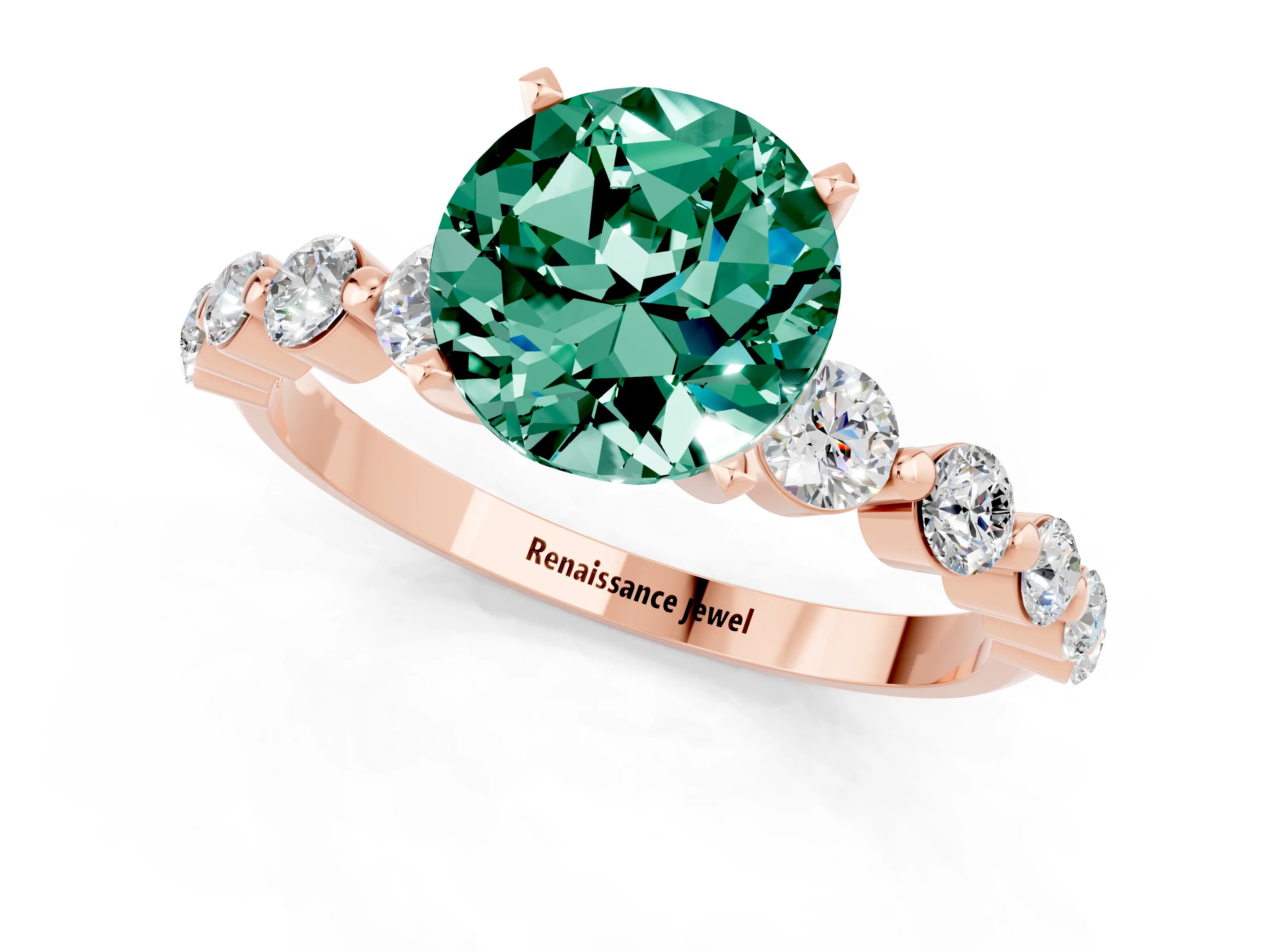 Rose gold Round Cut Solitaire Green Sapphire Ring with Pave Band and Four-Prong Setting_1