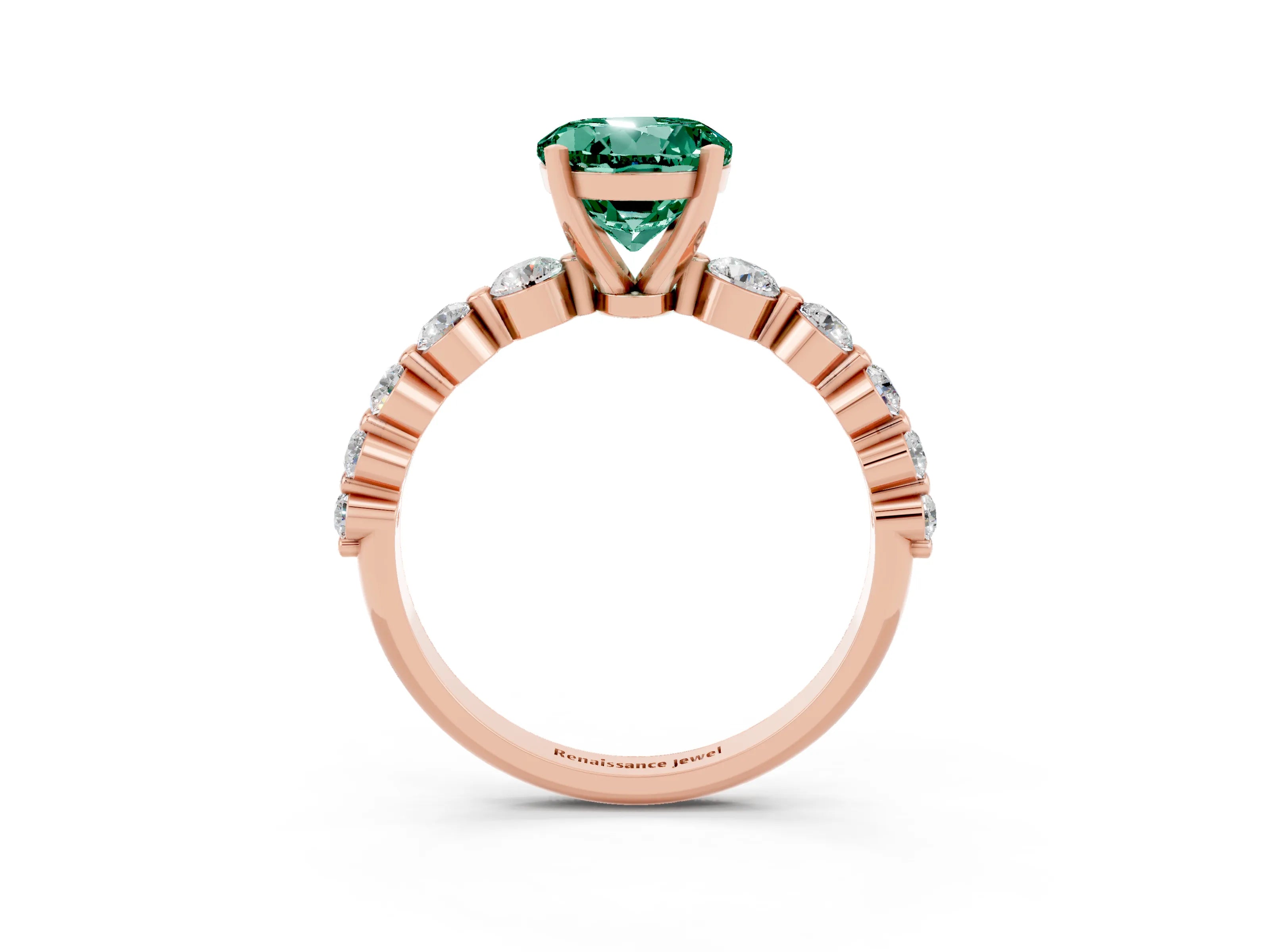 Rose gold Round Cut Solitaire Green Sapphire Ring with Pave Band and Four-Prong Setting_3