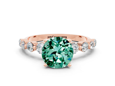Rose gold Round Cut Solitaire Green Sapphire Ring with Pave Band and Four-Prong Setting